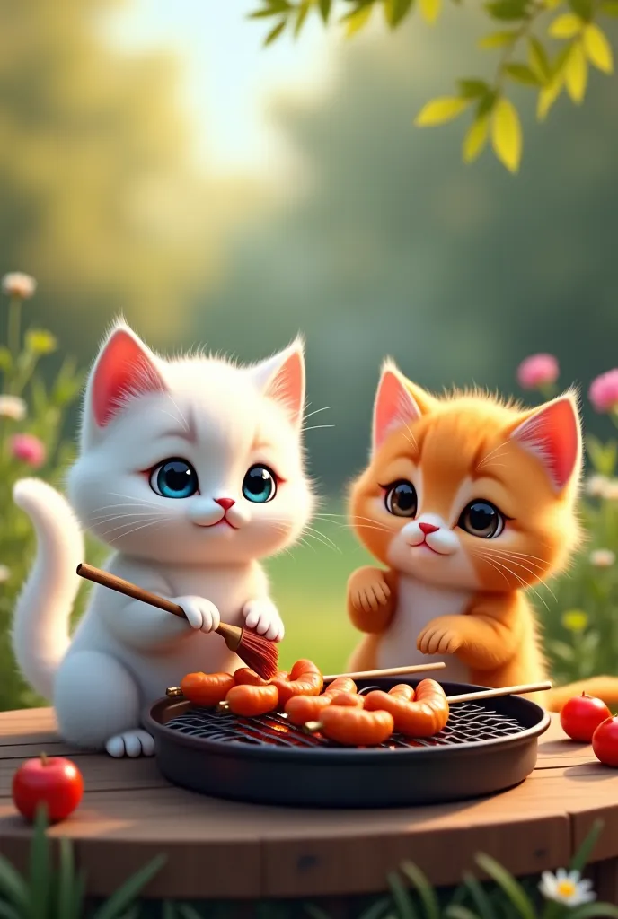 A white cat with white fur and big blue eyes, he's very cute and kind. He is barbecuing outside, in the garden. With him is his friend, a cat as cute as he is, orange in color and very friendly. The two are on the edge of a grill, bird skewers are being pr...