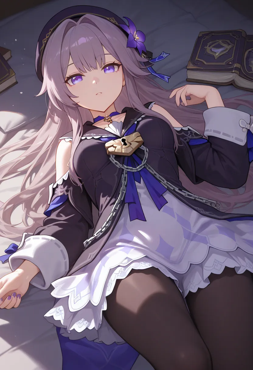 1girl, the herta \(honkai: star rail\), purple nails, purple hat, medium breasts, purple hair, purple eyes, purple flower, black pantyhose, hat flower, open book, looking at viewer, purple dress, upper body, masterpiece, long hair, detached sleeves, witch ...