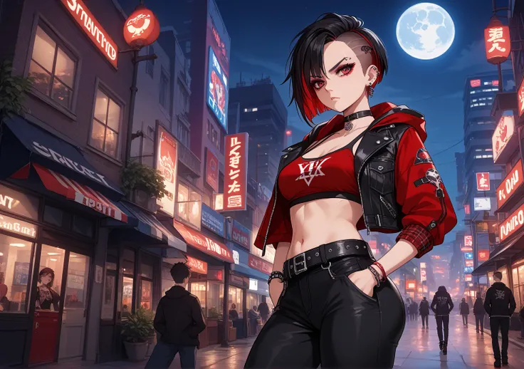 score_9, score_8_up, score_7_up,source_anime,BREAK, punk girl, medium breasts, big ass, thighs, scarlet red eyes, hair style black sidecut hair with red lines, two-tone hair, black hair, tattooed body, makeup, earrings, choker, black nails, bracelet, eyebr...