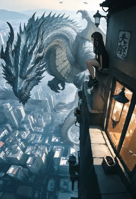 a girl,with legs hanging ,sitting on a ledge,height,Japanese city, street lamp ,((montruo Flight en el cielo)),giant monster,Dragon gigante,alas,Scales,(Flight),masterpiece, t-shirt, newest ,absurdres, highres,far away view ,detailed background