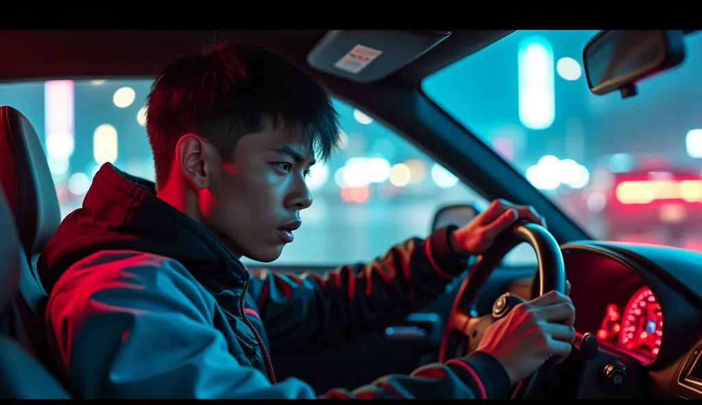 A close-up of Raka, a young Indonesian man with short black hair, a lean but muscular build, wearing a racing helmet with a black and red design, inside the modified drift car. His face is illuminated by the dashboard lights, showing shock and determinatio...