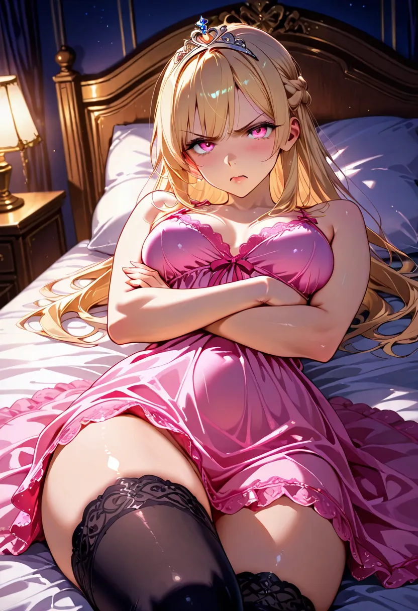 princess tiara, black thigh highs, pink nightgown, sexy pose, royal bedroom, night time, beautiful lighting, nsfw, long blonde hair, french braid, sleeveless, pink eyes, medium breasts, mature, detailed lips, angry, arms crossed, laying on bed, on back