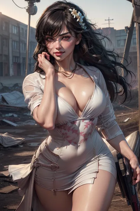 raven branwen, ((outdoors, evening, standing on grounds of abandoned funfair, debris, wrecked funfair ride, stunning girlfriend, cowboy shot, dynamic pose, heart shaped face, elegant face, beautiful face, highly detailed face, highly detailed skin, skin po...