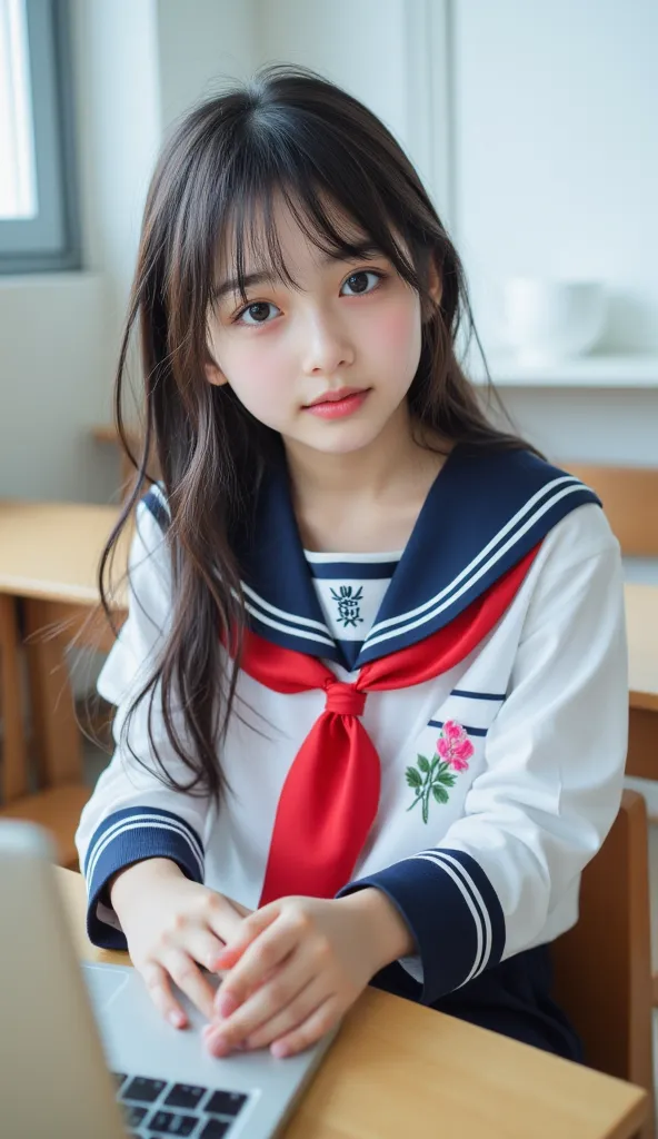 smiling girl with no visible hips、    photos、best image quality、Beautiful woman active in the entertainment industry、  School classroomの座席にしゃがむ 、 School classroom、 Genuine 、 sailor suit、   Long Sleeve、bouquet、 Red Scarf on the Chest   、  One flower on my c...