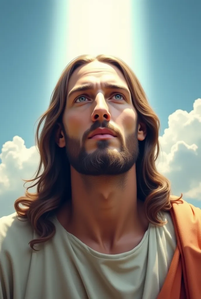 A hyperrealistic portrait of Jesus Christ, looking directly in front of him with a calm and compassionate look. Your face is detailed with soft lines, deep and expressive eyes that transmit peace and wisdom.  Her long, wavy hair falls gently over her shoul...