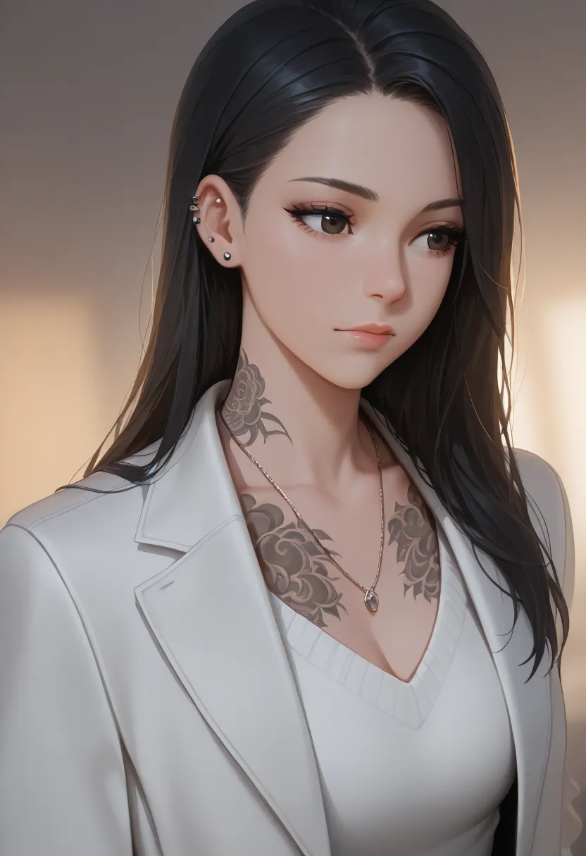 1girl, solo, jewelry, black hair, long hair, tattoo, earrings,  neck tattoo, necklace, upper body, black eyes, nose, lips, asian, closed mouth, stud earrings, shirt, chest tattoo, jacket, white shirt, looking to the side, piercing, hair behind ear, white s...