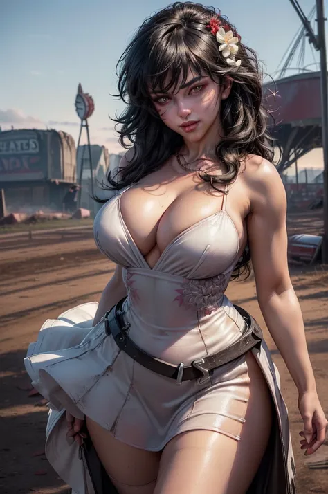 raven branwen, ((outdoors, evening, standing on grounds of abandoned funfair, debris, wrecked funfair ride, stunning girlfriend, cowboy shot, dynamic pose, heart shaped face, elegant face, beautiful face, highly detailed face, highly detailed skin, skin po...