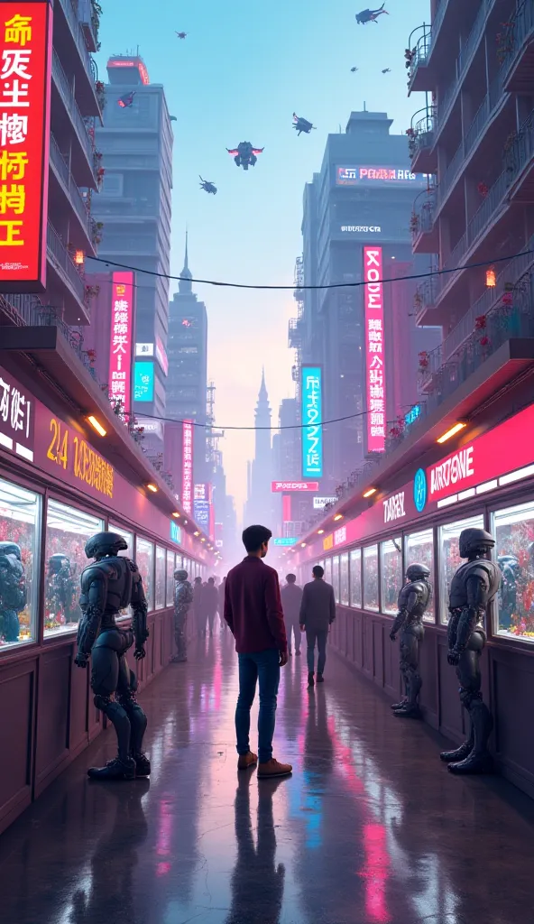 Background: A vibrant, futuristic Kathmandu cityscape with flying taxis, neon signs, and holographic advertisements. The streets are filled with both humans and humanoid robots.

Prompt: Naveen excitedly enters a high-tech electronics store. Rows of AI rob...