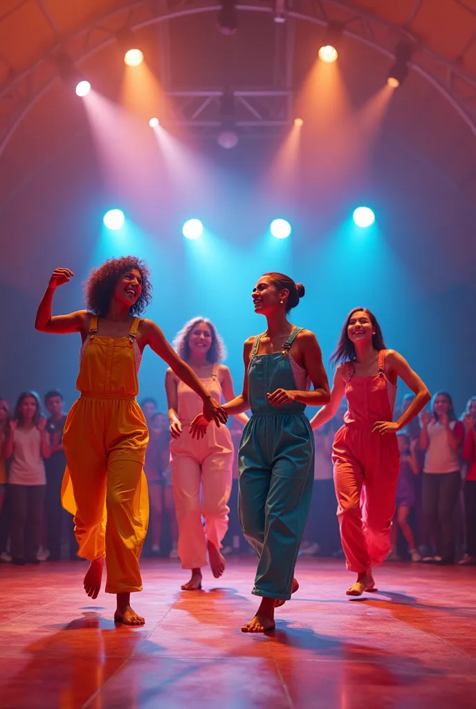 4 people in colored overalls are performing a dance in a big tent in front of 300 people.