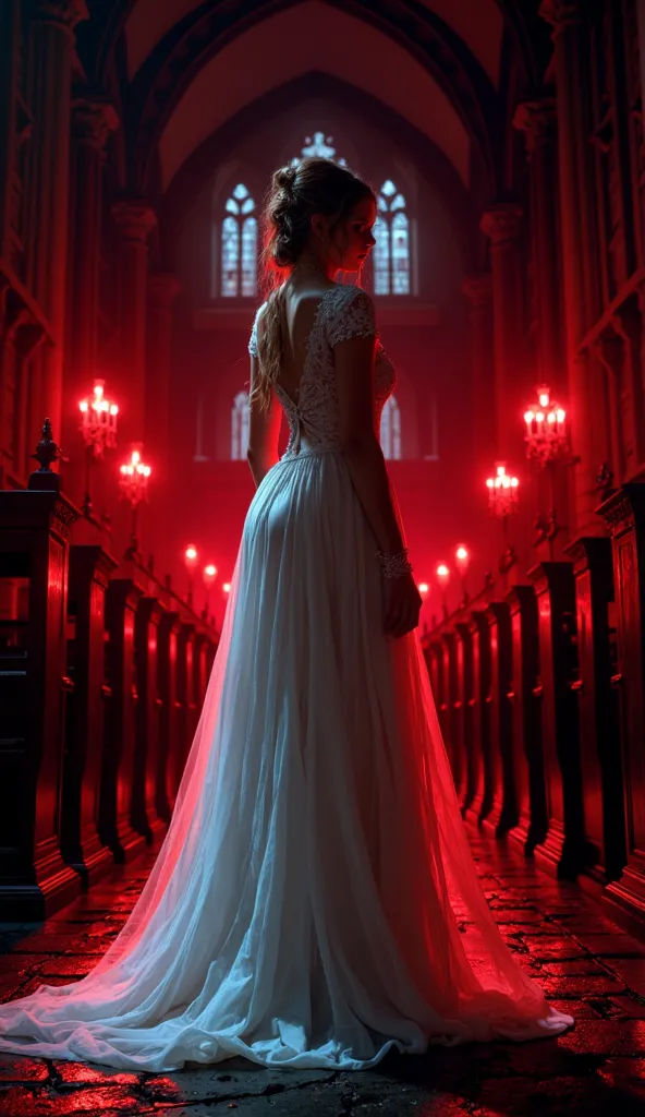 A mysterious woman in a white wedding dress, standing alone in a dimly lit church. Her face is partially obscured by shadows, and the deep red lighting casts an eerie glow, hinting at hidden secrets beneath her identity.
