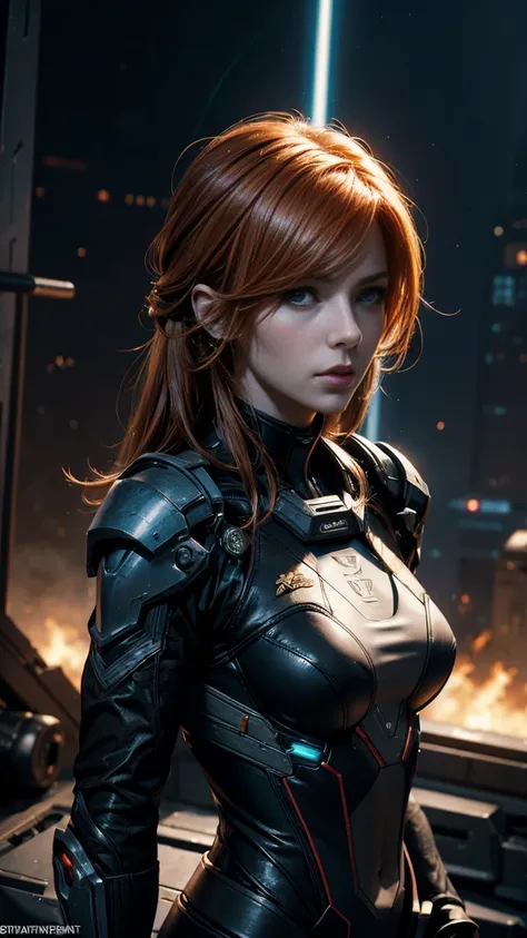 Mylene FARMER, black stockings In this captivating image, the central female character (Lieutenant, Sarah Kerrigan, beautiful face), starcraft, blizzard entertainment, Terran dominion special unit, C-10 Canister Rifle, stealth ghost assult suit, Combat pos...