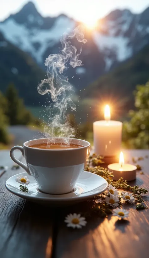 An elegant cup of tea rests on a rustic wooden table, surrounded by relaxing herbs such as chamomile, Valerian and passion fruit. The tea has a soft golden hue, transmitting a feeling of warmth and calm. Small candles burning in the background create a war...