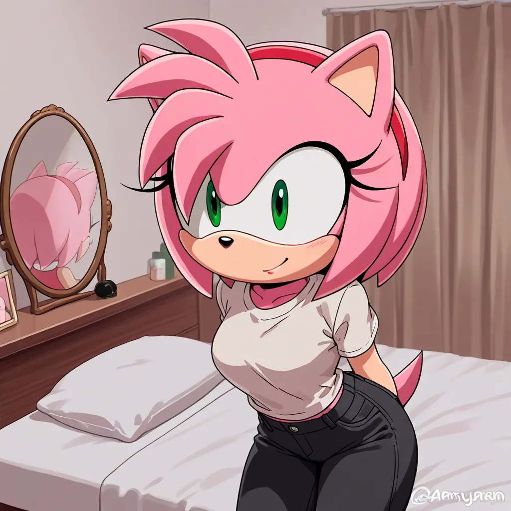  person in a room with bed and dresser and a mirror, solo, pants,amy rose, furry female, pink fur, short hair, green eyes, pink hair