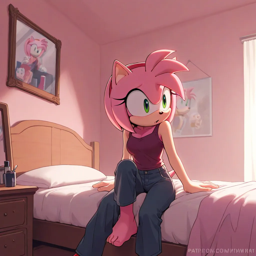  person in a room with bed and dresser and a mirror, solo, pants,amy rose, furry female, pink fur, short hair, green eyes, pink hair