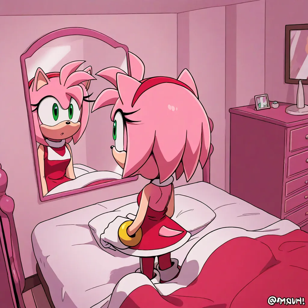  person in a room with bed and dresser and a mirror, solo, pants,amy rose, furry female, pink fur, short hair, green eyes, pink hair