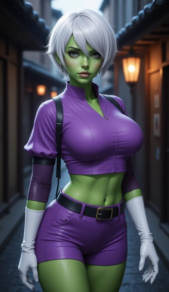 25-year-old woman, green skin, Very short white hair, look de Cheelai de dragón ball, She's wearing a purple top with sleeves, short, white gloves, purple shorts with a black belt,  VERY REALISTIC, background of a dark street,  Cinematic light