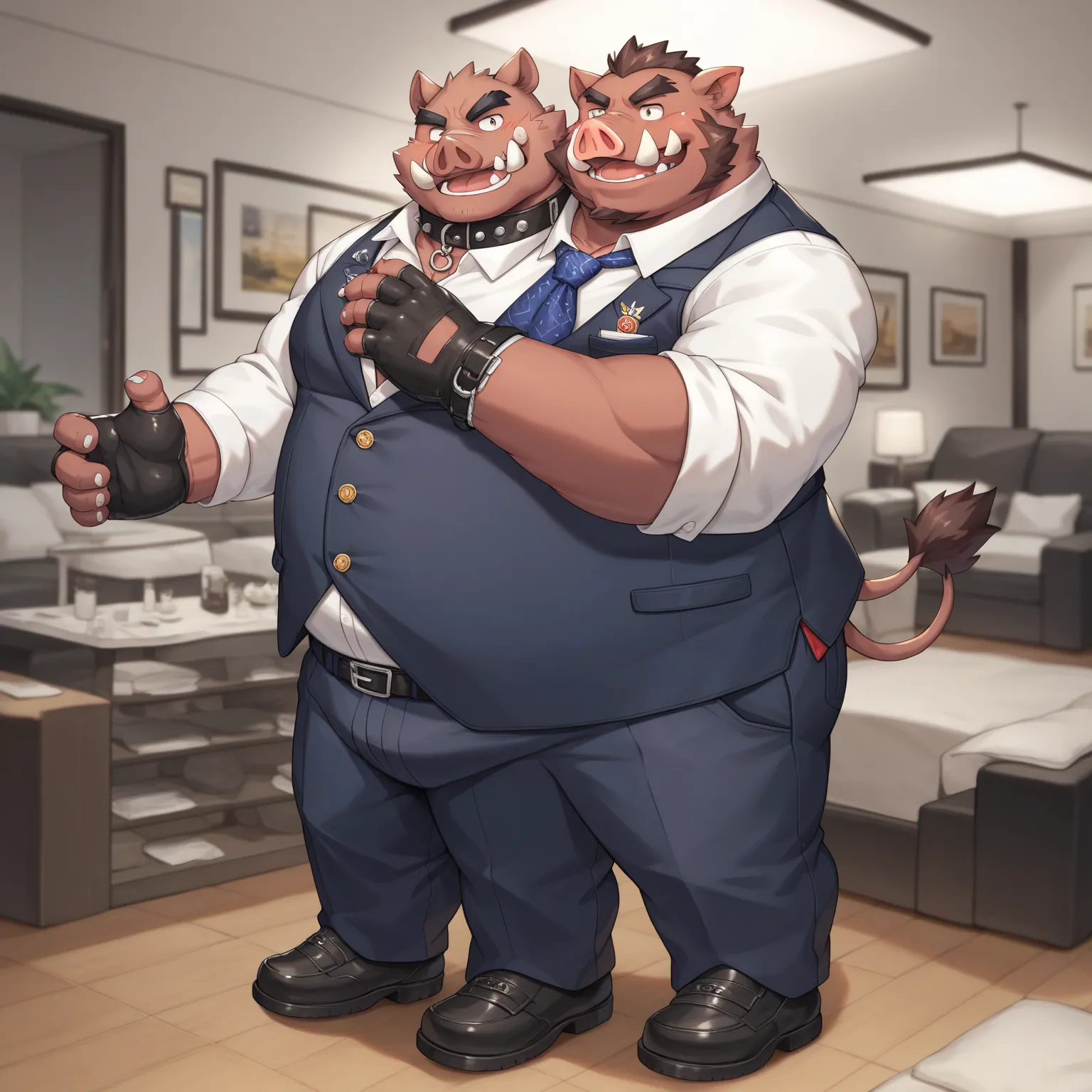 Scribble Boar face,Humanity(Boar),Chubby,(Black eyebrows:1.1),(Perfect eyes),Smooth Skin，（artist:Takemoto Arashi），Living Room background，（Collar:1.3），claw，（Professor Uniform:1.3）。Full body, Wearing a Leather collar around his neck. Wearing fancy white glov...