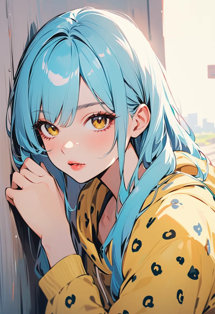 a woman with blue hair wearing a yellow leopard print jacket against a wall, 1girl, solo, blue hair, long hair, hood, looking at viewer