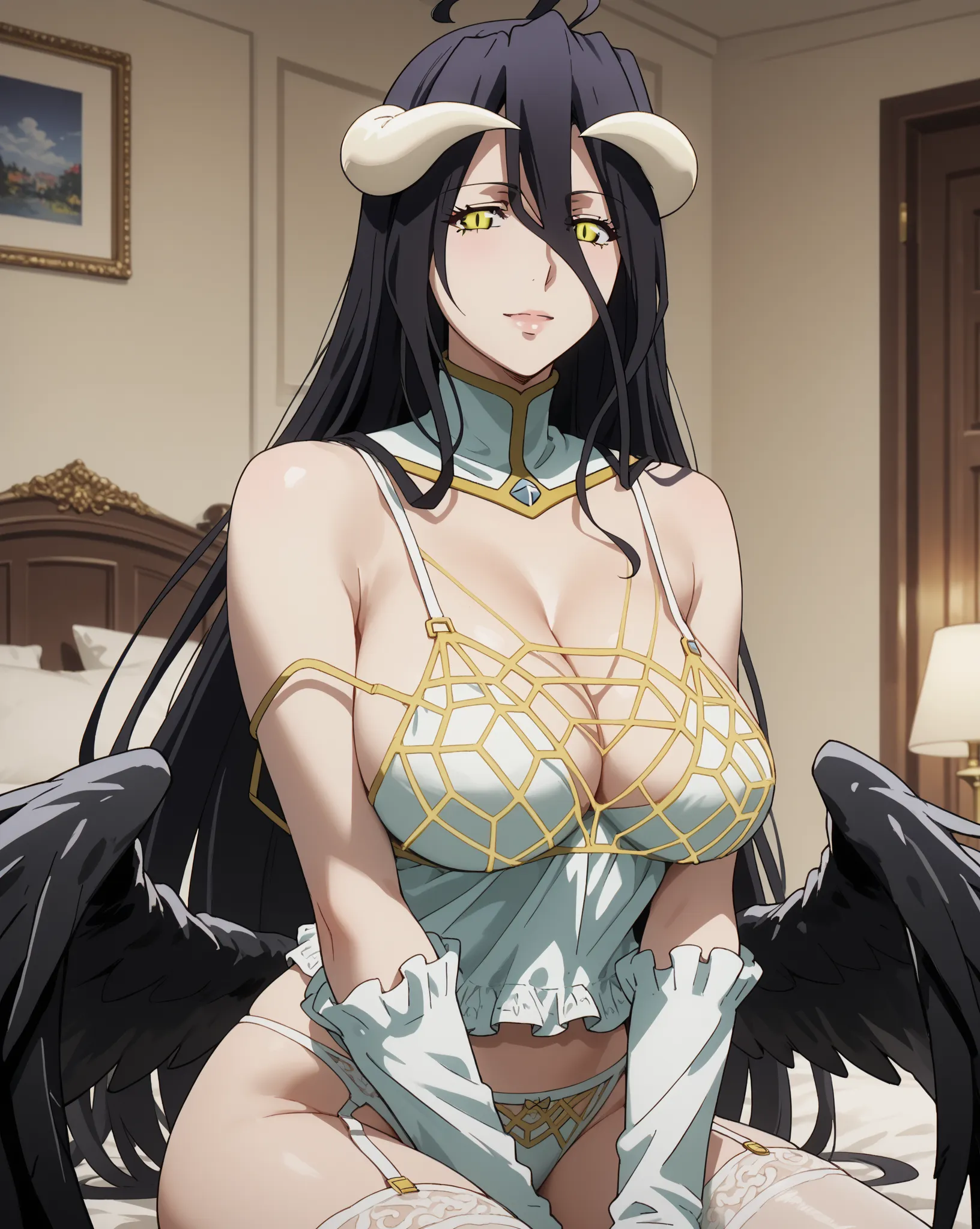 Mature Woman,Albedo from overlord, big breasts,housewife,Wear an lingerie ,Background:In the bedroom,Indoor Setting,Look this way,Anime Style,Highest quality, highest image quality, very very detailed hands