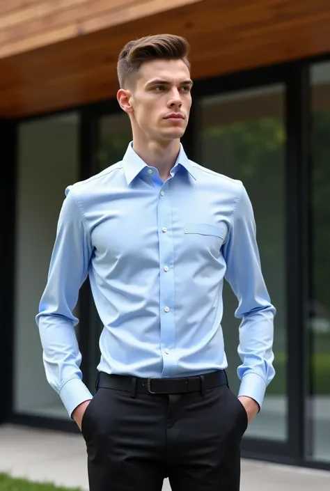 a young male model,  with well-combed social hair, Are you standing in a sideways position in front of a modern wooden house with large dark glass windows. He wears an ultra slim-fit light baby blue dress shirt,  extremely tight , tight and glued to the bo...