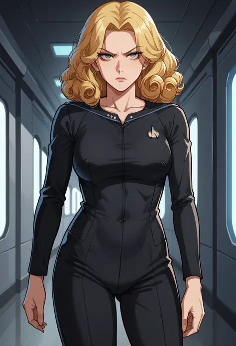 yellow hair, black uniform, strong legs, strong torso, fit muscular body, curly hair, strong fit female, white skin, anime stylized, score_9, score_8_up, score_7_up, score_6_up,anime screencap, rating safe, 1female, mature,serious,solo, upper body,corridor...