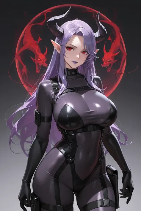 Mature female, red eyes, purple hair, long hair, pointy ears, demon, skintight suit, holsters, horns, purple lips, highly detailed, best quality