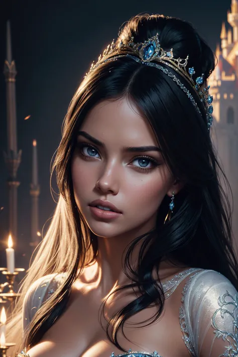 portrait Adriana Lima, wearing breasts Cinderella costume, against the background of the Disney castle, character portrait, 3 9 9 0 s, long hair, intricate, elegant, highly detailed, digital painting, artstation, concept art, smooth, sharp focus, illustrat...