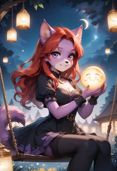 Dreamkeepers,Indi_and_Digo,1girl,solo,furry,tail,source_furry,,red hair,purple fur, purple eyes,
, ,
in a pastel gothic dress sitting on a crescent moon swing, surrounded by glowing stars and floating lanterns in a dreamy night sky, crescent_moon, swing, s...