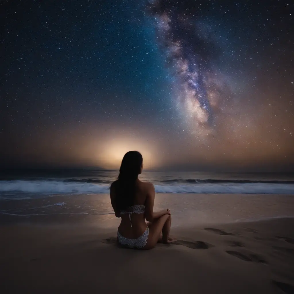 A serene Thai beach at sunset, where the sky is a gradient of orange, pink, and deepening purple.She stands nude by the shore, her silhouette softly illuminated by the fading sun and emerging stars. The tranquil sea reflects the sky's colors, and the first...