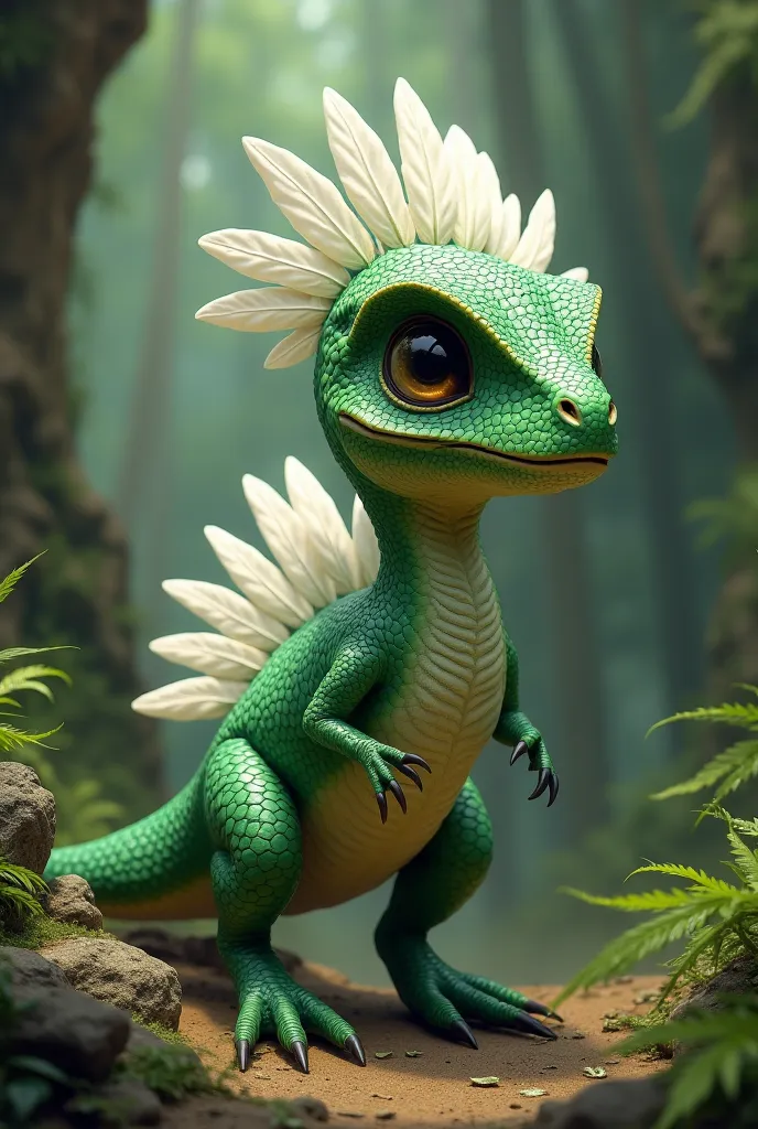 Adorable Velociraptor with green and white scales and feathers