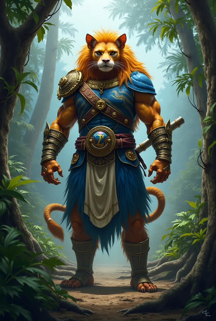   | "A realistic anthropomorphic golden lion tamarin warrior with strong, muscular humanoid arms, abdomen, and legs, wearing ancient warrior armor in the colors of the Rio de Janeiro flag (blue and white), with battle scars and marks. The scene is an epic ...