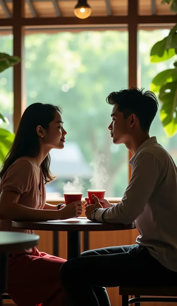 An Indonesian girl, An indonesian man , in a cafe, natural,  cinematic.