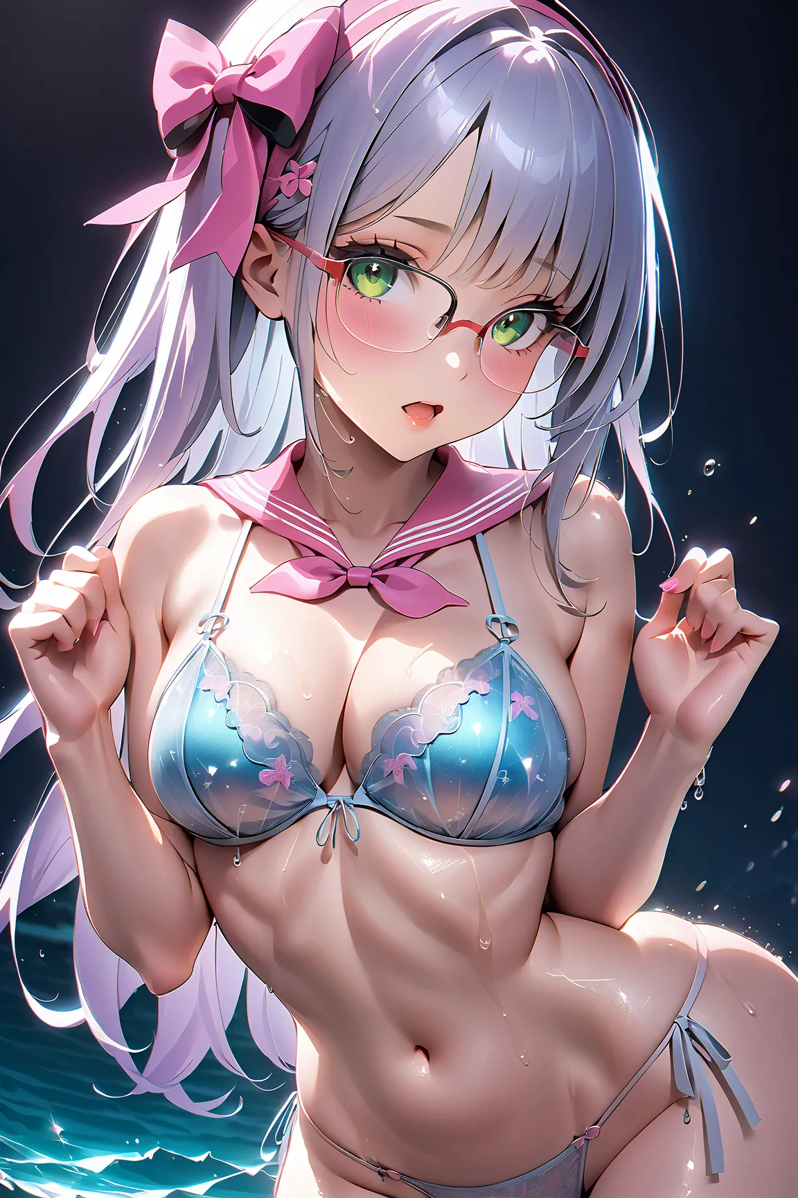 neonswim, green eyes, grey hair, bangs, long hair, glasses, hair bow,  hairband , pink sailor collar, pink neckerchief,  breasts, cleavage, 
mature woman standing with her back to camera:1 female, 
Moisturized and firm skin ,Self Hug ,
Calm ocean sands, 
d...