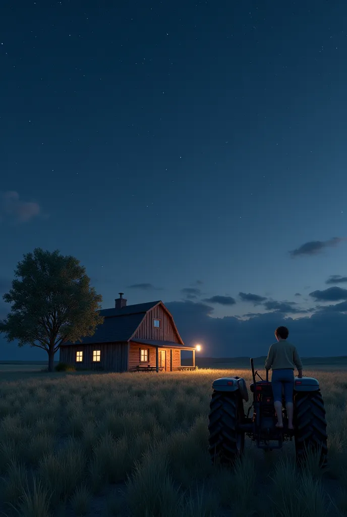 I need an isolated farm. With a barn house in the background. A tractor. It’s night. With a mom at the side and stars. 