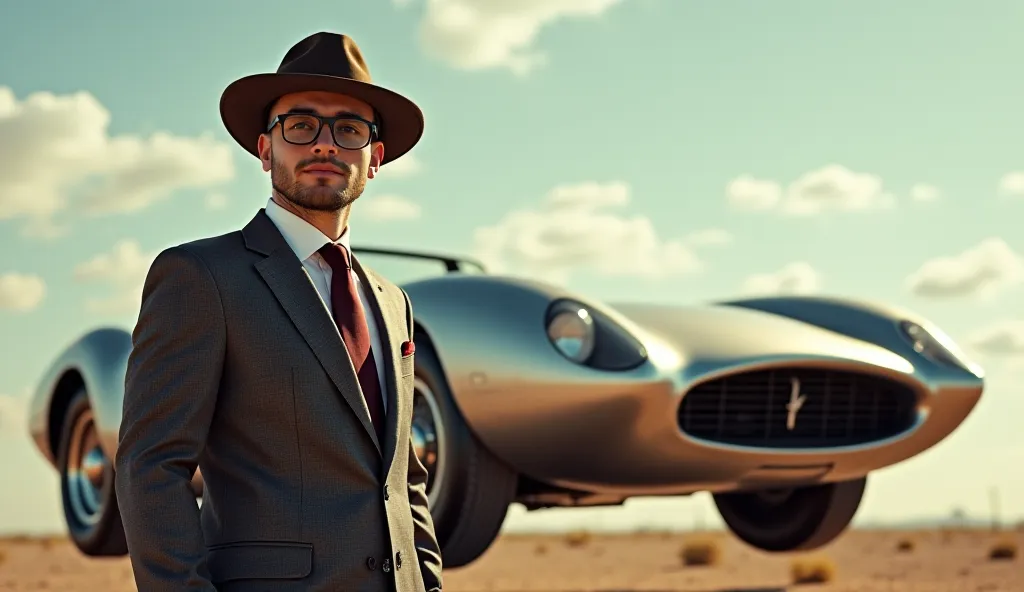 Create an image for me a 16x9 retro photo A man in a suit with a tie in a hat and glasses is stylishly dressed in front of a car. A cosmic car. The car looks very stylish. You look expensive you are superdetailed and the car is stuck in the air and is wait...