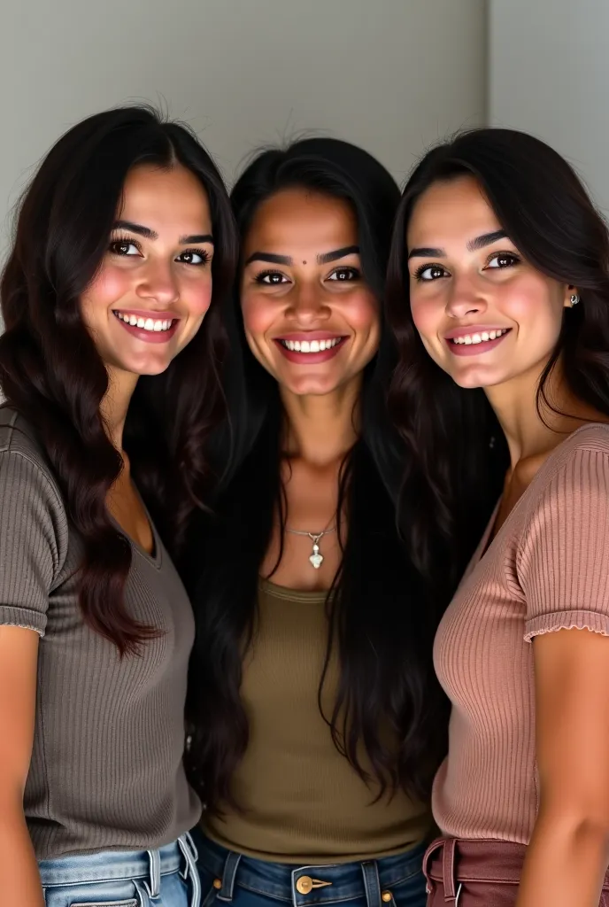 Una imagen de tres amigas mujeres de 30 aÑos.
The first friend is dark-skinned , measures 1.60 m and weighs 70 kg. Es maestra de música de preescolar tiene cabello castaÑo, long and straight. She has large dark brown eyes. 
The second friend has light brow...