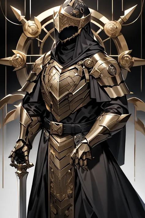 Create me a stand named “all star” that has the face of a knight helmet that’s silver on the bottom but gold on the top. but it wears a dystopian executioner white and black robe with gold highlights, and there is no knight armor anywhere on its body excep...