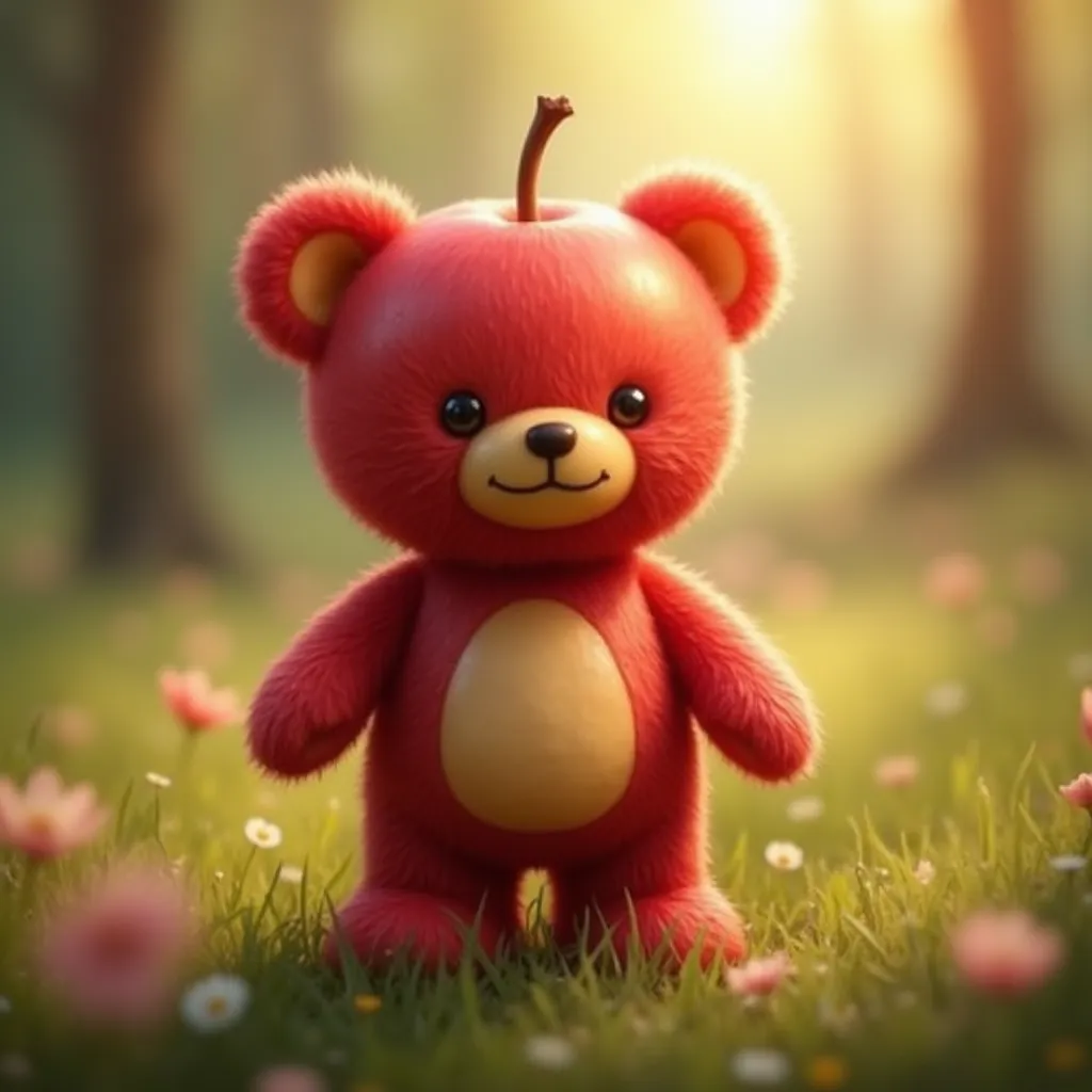 "A cute teddy bear with the texture and shape of a red apple. The bear’s body is entirely smooth and shiny, resembling the skin of a ripe apple. Its paws are soft and small, while its head and ears retain the teddy bear features, but with a slight glossy a...