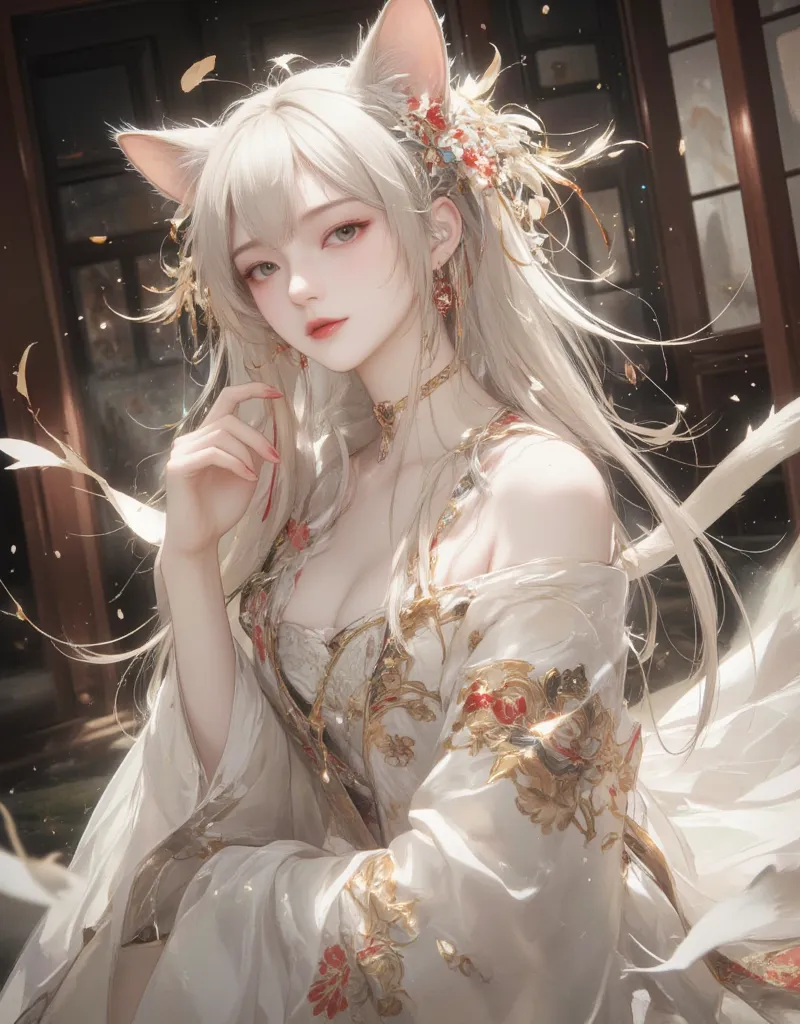 asian woman,long bright blonde hair,pale skin, red lips, sharp eyes, eyes slant upwards, cats eyes, cats ears, cats tail, chipao, oriental.