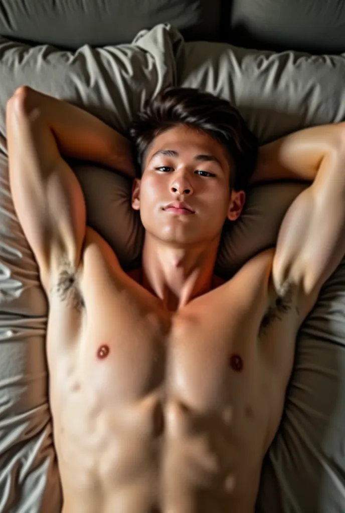 A young man of 18 years old, with a clear physique, with clear muscles, takes off his shirt, lies relaxed on the bed, he raises both arms above his head, clearly reveals the armpit hair, the atmosphere of the bedroom is warm, with soft lighting, pillows an...