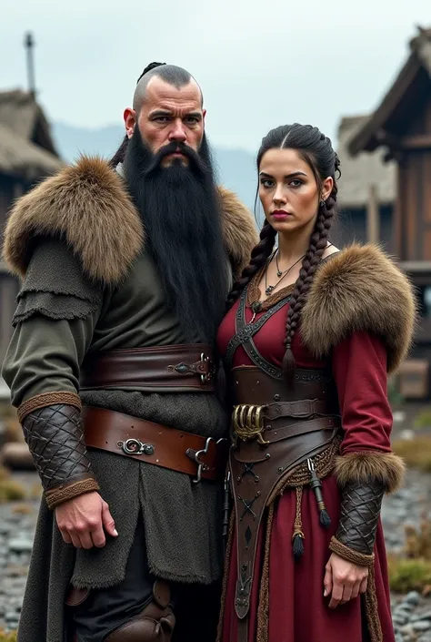 Indications A bald Viking with a long and lush black beard dressed in muscular fur with a woman who is his wife with brown hair With boxer braids in a Viking village