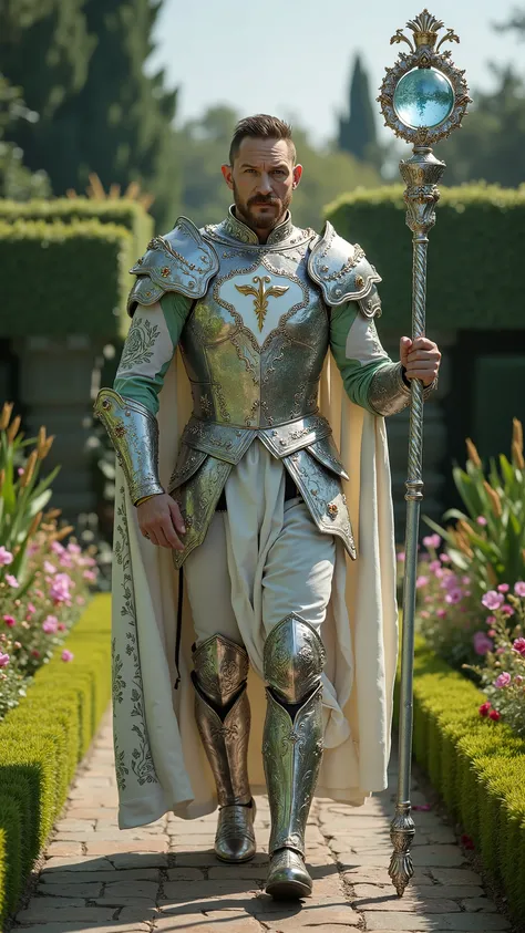 Tom Hardy reimagined as a majestic human-Virgo hybrid walking and holding a silver staff, dramatic atmosphere, 1 male、
short, neatly styled dark hair, piercing blue-green eyes, and sharp facial features. His skin has a soft, porcelain-like quality. His f...