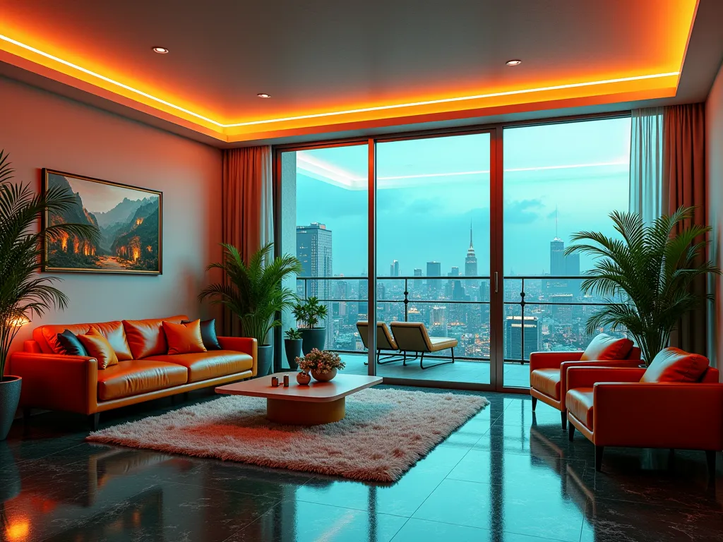  apartment interior  , studio apartment , kitchen, bathroom,   athletes  , loft room,  Lofts ,  Stylized furniture , mid century furniture,  art deco furniture  ,  art deco flooring , neon lights ,art deco design， flowing modern ，futuristic architecture, A...