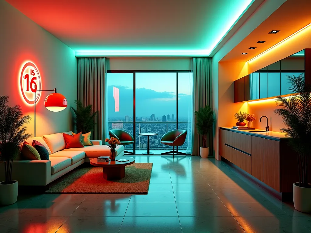  apartment interior  , studio apartment , kitchen, bathroom,   athletes  , loft room,  Lofts ,  Stylized furniture , mid century furniture,  art deco furniture  ,  art deco flooring , neon lights ,art deco design， flowing modern ，futuristic architecture, A...