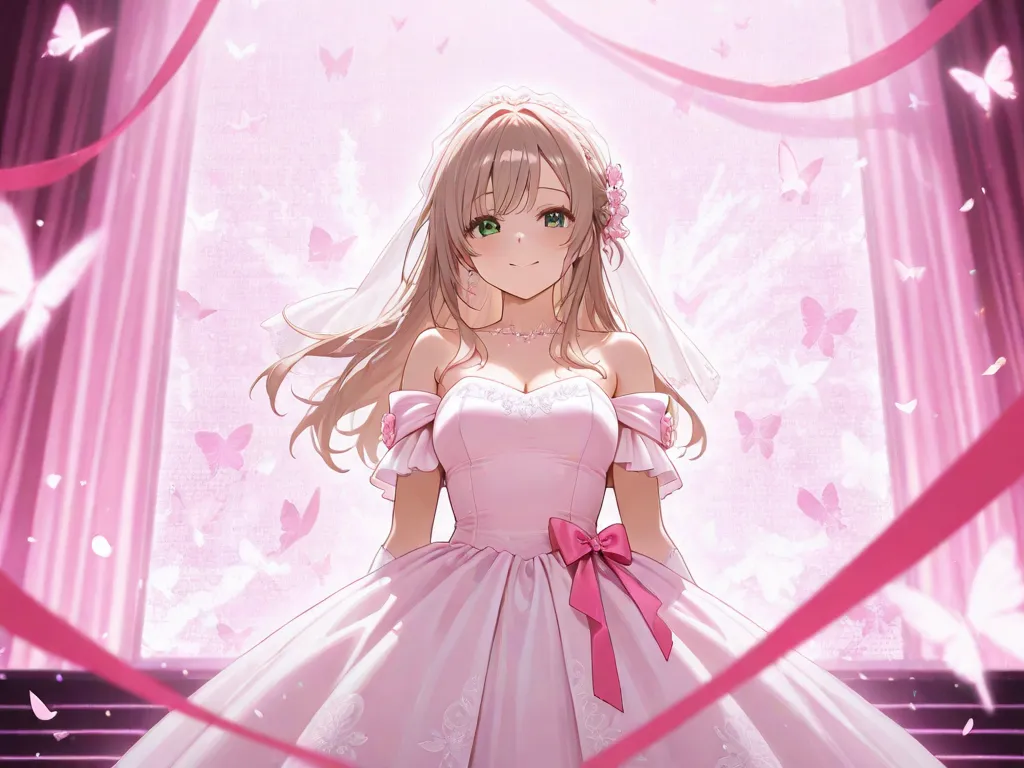 Light Brown hair, green eyes, pink wedding dress, Pink stage background, surrounded by butterflies, Pink ribbons in her hair