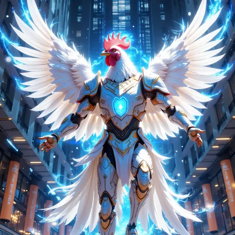 (masterpiece: 1.2, EXCELLENT QUALITY, Mirror Finish, Cinematic Experience, Best Illustration: 2.0, Super Detailed. 2.0), 16k background, (a rooster with super classic feathers: 2.0), (he is projected as a hologram in an outdoor location (silver white feath...