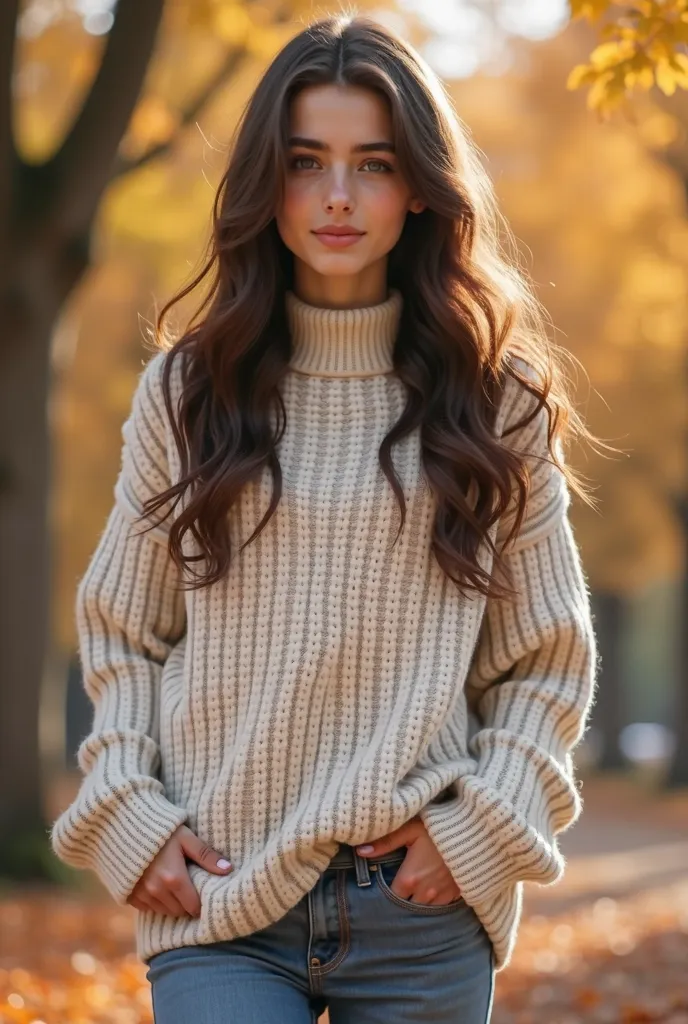 A hyper-realistic, full-body photo of a 17-year-old girl named Alisa. She has long, wavy dark brown hair cascading over her shoulders and deep, expressive eyes with a warm, gentle gaze. Her facial features are soft and delicate, with a natural beauty and a...