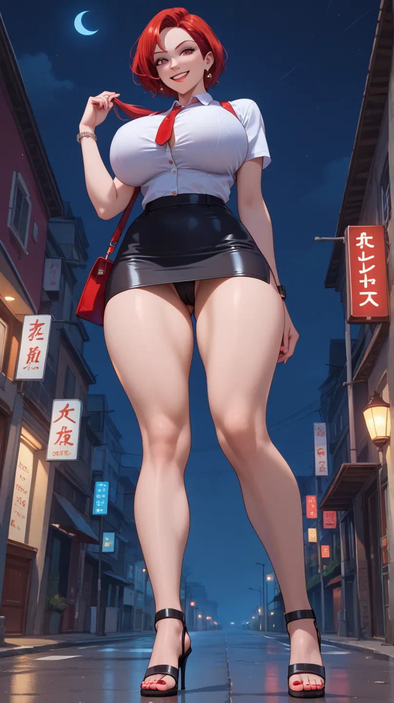 score_9, score_8_up, score_7_up, 1girl, solo, Vanessa, red hair, seductive smile, white shirt, red dark micro skirt, black heeled sandal, sexy body, sexy pose, massive breasts, flat abdomen, small hips, big ass, wide thighs, wide legs, standing, from below...