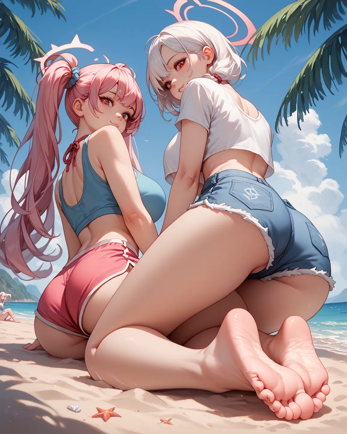 (foot fetish), (smooth feet), (smooth toes), (cute), 2girls, pink hair, red eyes, White hair, red eyes, twintails, large breasts, huge legs, beach, back sitting, ass, shorts, crop top, below view, foreshortening