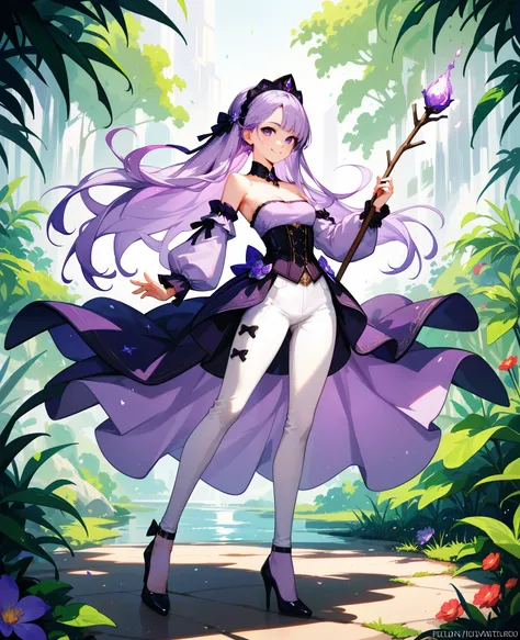 high quality,masterpiece,detailed depiction,detailed face,detailed eyes,cowboy shot standing in a natural position,Alone,One Girl, light purple hair with hair tips,long hair,purple eyes,tube top black corset,white pants that show you,Hold a walking stick, ...